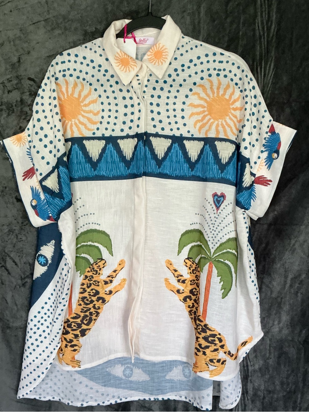 NWT Yolly, Made in Italy-Playful Tropical Button-Up Shirt with Leopard Motif